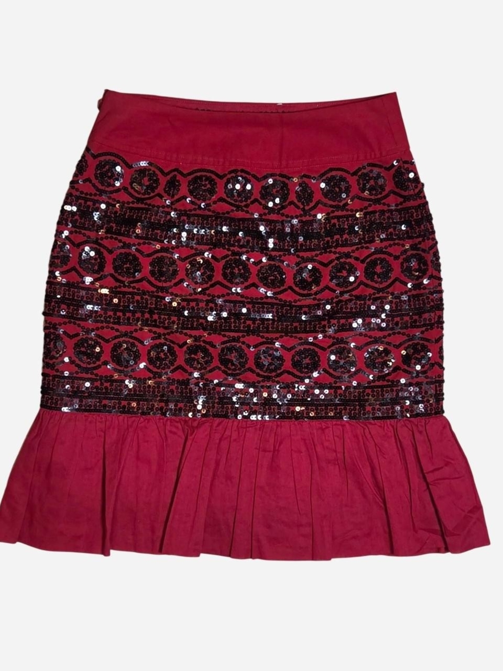 Anthropologie Moulinette Soeurs red black sequined peplum midi skirt zip Sz 0